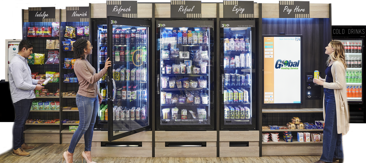 Micro market (micromarket) self-checkout kiosk and open shelving layout
