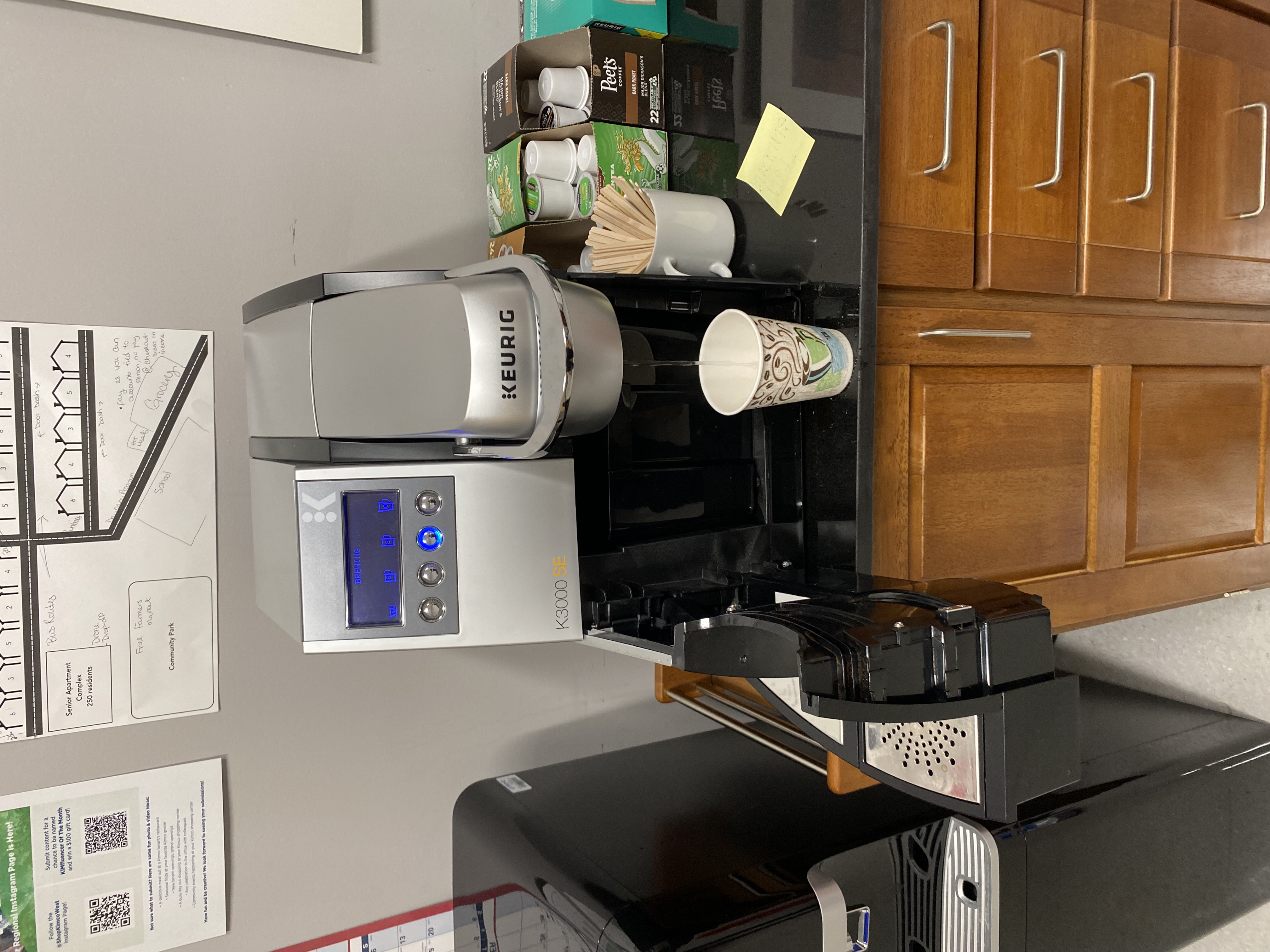 Freshly brewed office coffee machine in a warehouse breakroom in Reno, Nevada